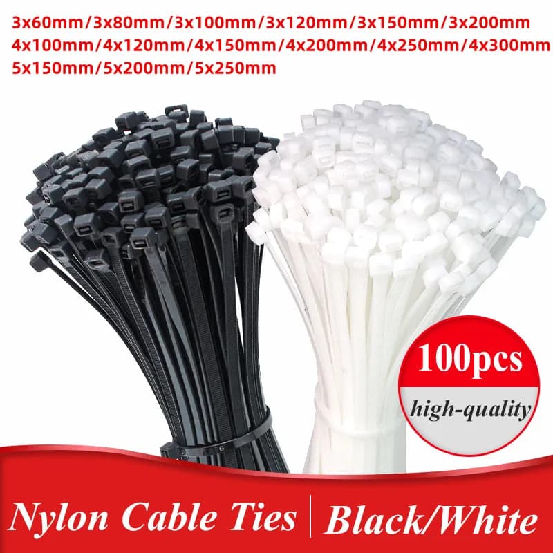 100 pz Fascette per cavi bianco nero autobloccanti in plastica di nylon Fascette per cavi Fascette per cavi Misura assortita Anello di fissaggio 3x60mm 4x100mm