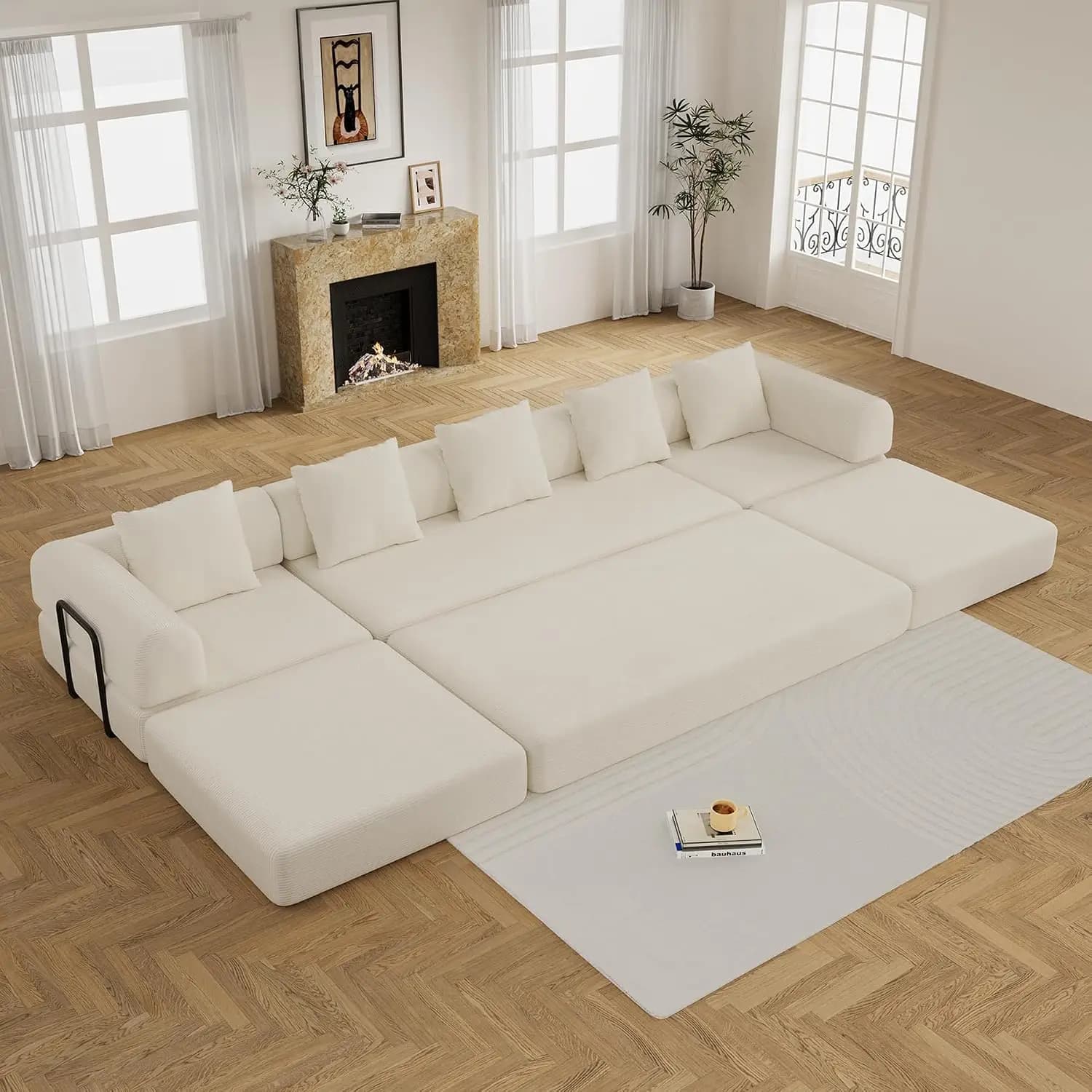 Convertible Sleeper Sofa Bed Floor Boneless Couch, Beige White | 158" Corduroy Modular Compressed Futon Sofa Bed,, Custom