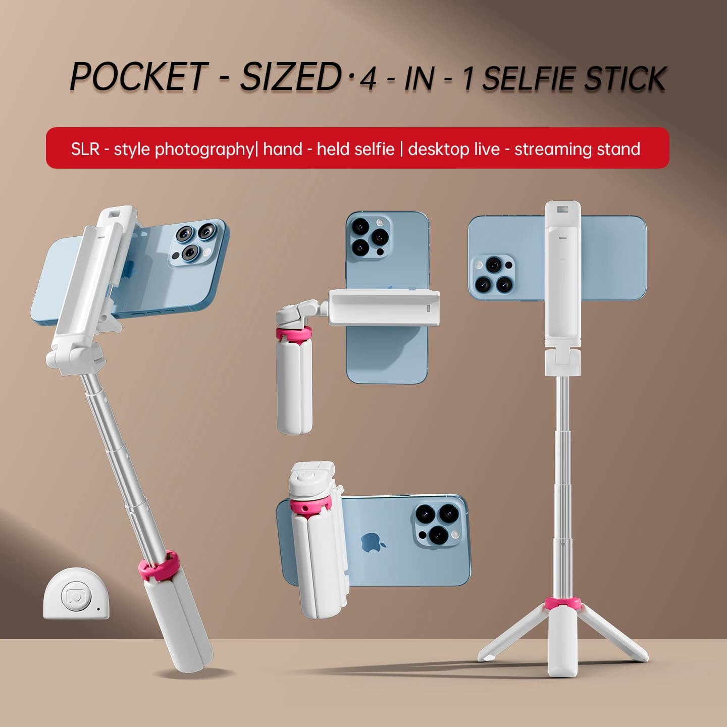 Nuovo SS3 4 in 1 Mini bastone selfie wireless portatile in lega di alluminio con funzione pieghevole Supporto per telefono cellulare e supporto per telefono con giunto cardanico