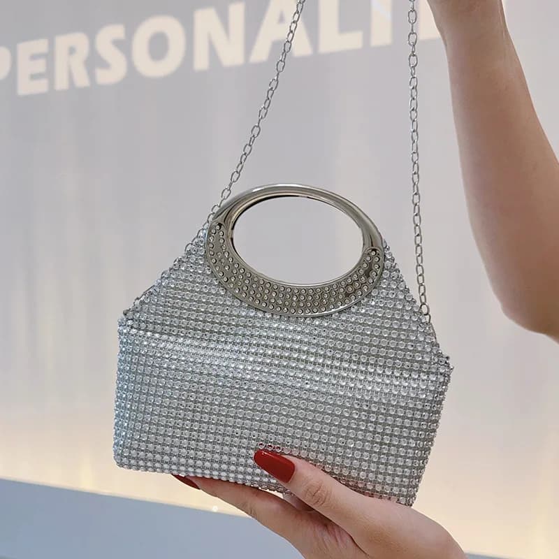 Silver Diamond Ring Carry Dinner Bag, Diamond Enlaid Handbag, Banquet Party Women's Bag