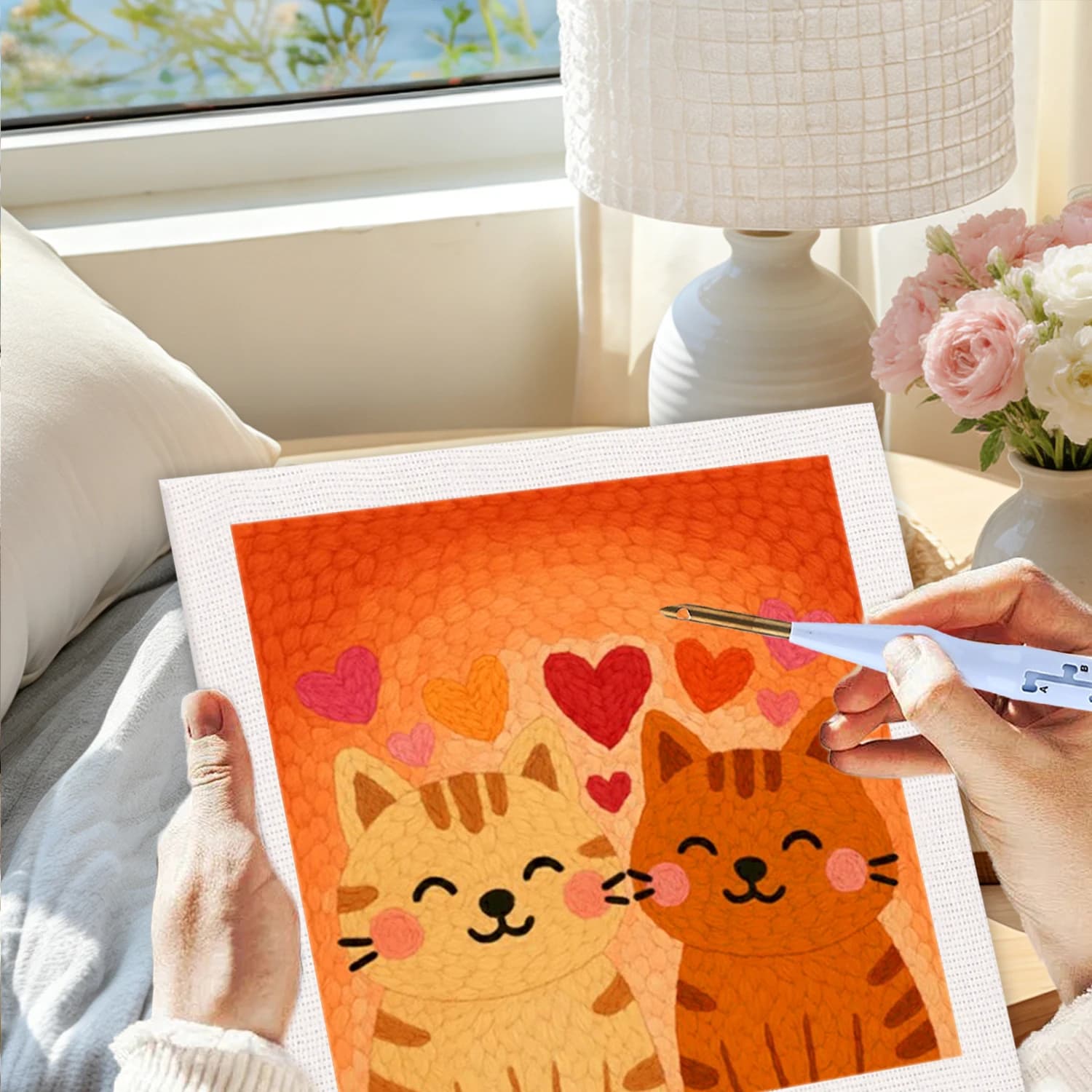 GATYZTORY 25x25cm Diy Needle Punch Kit Home Wall Decor Art Projects For Adults Kitten Embroidery Punch Needle Kits Modern Crafts