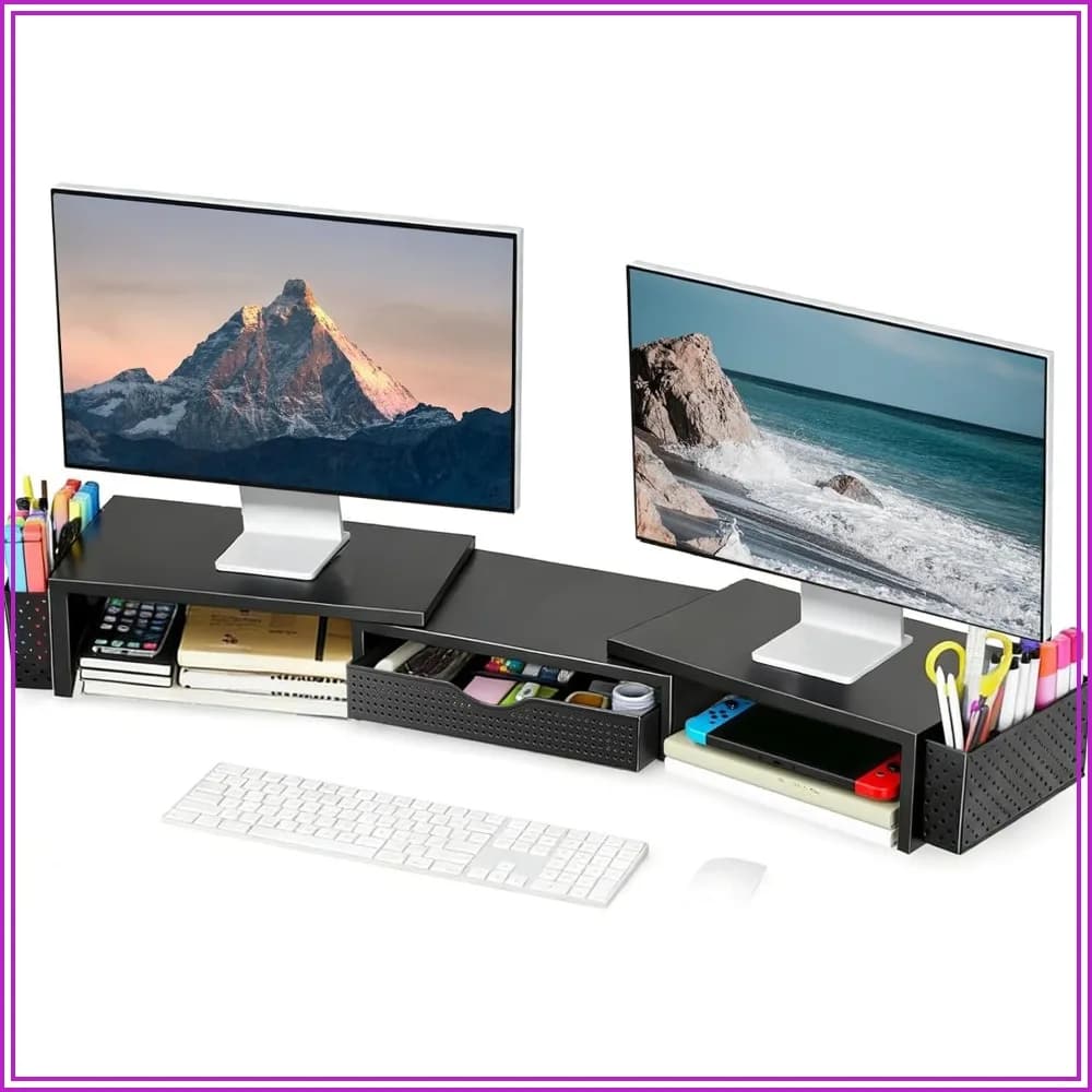 Dual Monitor Stand Riser with Drawer & Pen Holders, Metal Desk Organizer, Office Workspace Accessories (Black)