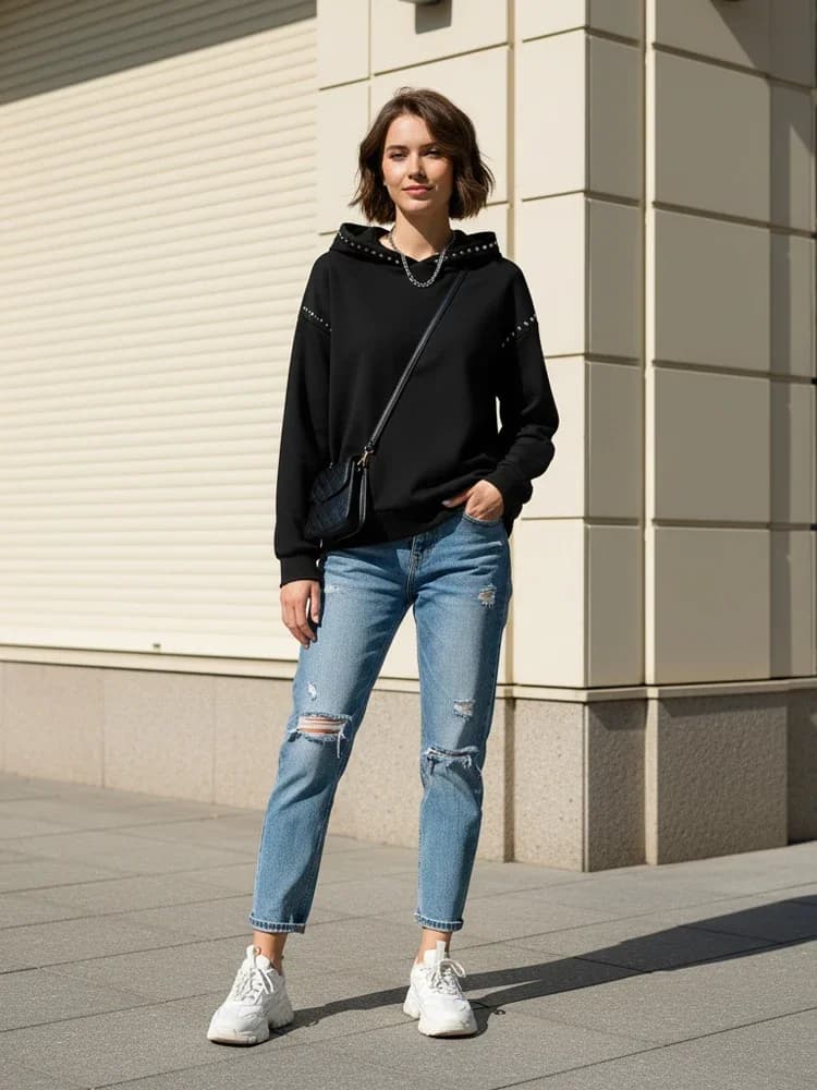 Felpa con cappuccio con perline nere casual Felpa con cappuccio corta allentata a maniche lunghe da donna 2026 Capispalla da strada per pendolari quotidiani da donna