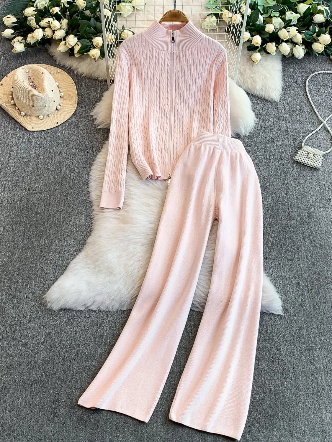 Set Casual in Maglia con Pantaloni a Vita Alta e Gamba Larga, Giacca con Collo Alto Intrecciato Chic per Donna, Completo Due Pezzi Autunno Inverno