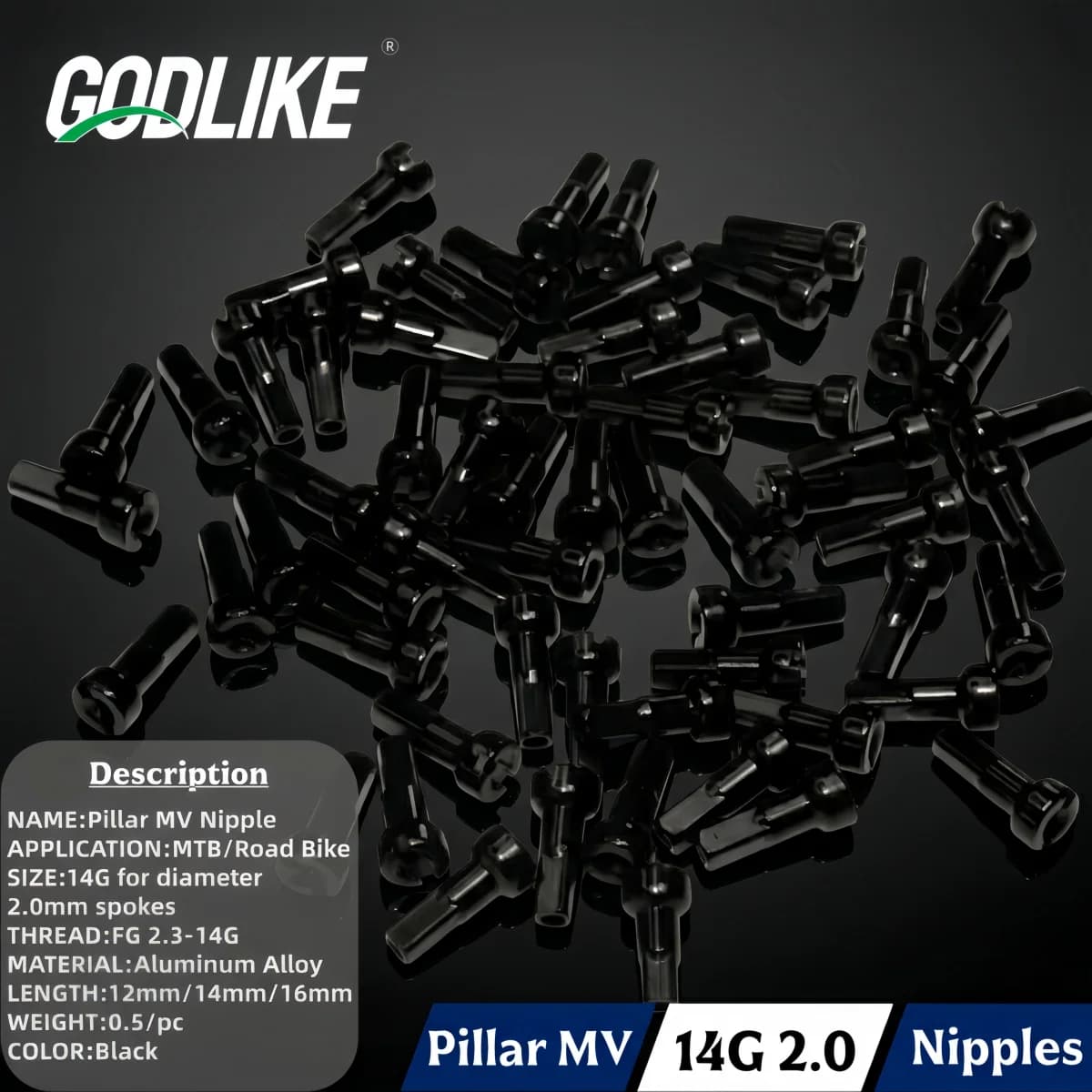Puntale Leggero MV 14G 2.0 a Testa Tonda 14mm Nero Alta Resistenza 14 Gauge per Bici MTB e da Strada in Lega di Alluminio Peso 0.4g