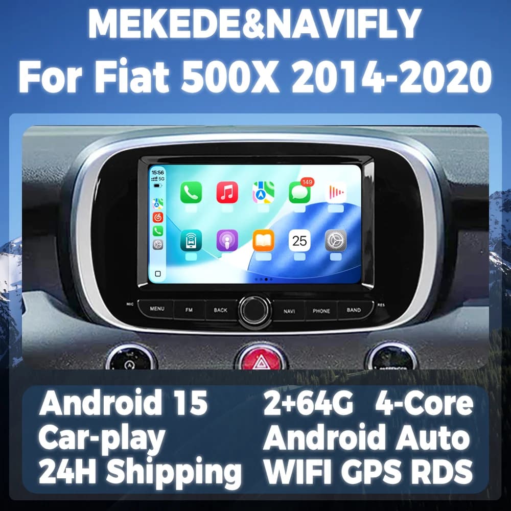 Schermo di visualizzazione multimediale per auto Android CarPlay wireless da 7 pollici per Fiat 500X 2014-2020 Sistema intelligente per autoradio Android 15