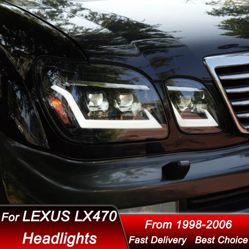 Fari anteriori Hot Car Styling per Lexus LX470 LX 98-06, kit accessori con gruppo ottico a LED completo di nuovo stile e lente proiettore per aggiornamento.