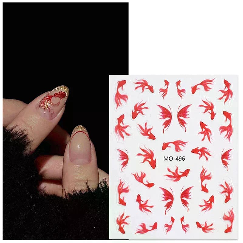 1 foglio di adesivi per nail art con pesci rossi e farfalle, decalcomanie adesive, decorazioni, accessori per ciondoli di trasferimento