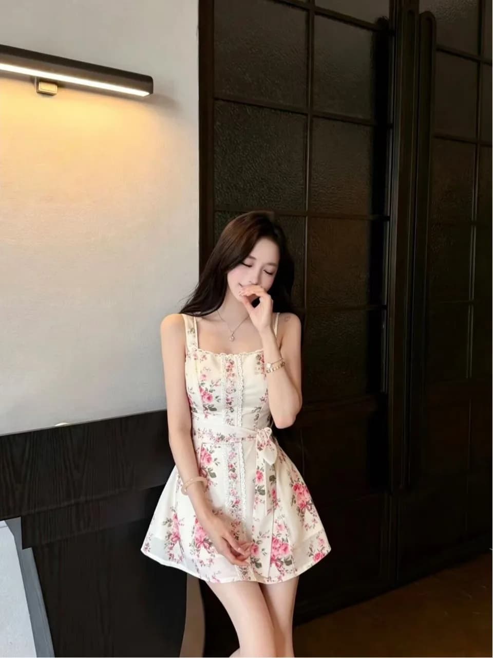 Summer Floral Vacation Style Dress Lace Wide Neck Strap Dress Waist Cinching Short Skirt Knot Slim Fit Chinese Dress