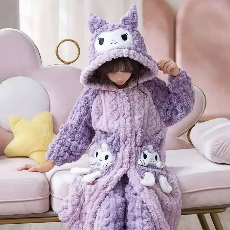 Sanrio Kuromi 2 pezzi Kawaii Genitore-Figlio Pigiama di velluto Set Cartoon Anime Ragazze Ragazzi Ricamo Addensare Caldo Casual Homewear Suit