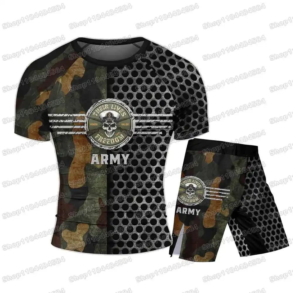 5th Popolare Army Camo WWF Rash Guards Maglia da surf Camicie da spiaggia Costumi da bagno Diving Pantaloncini da palestra MMA BJJ Uomo Jiu Jitsu Set fitness