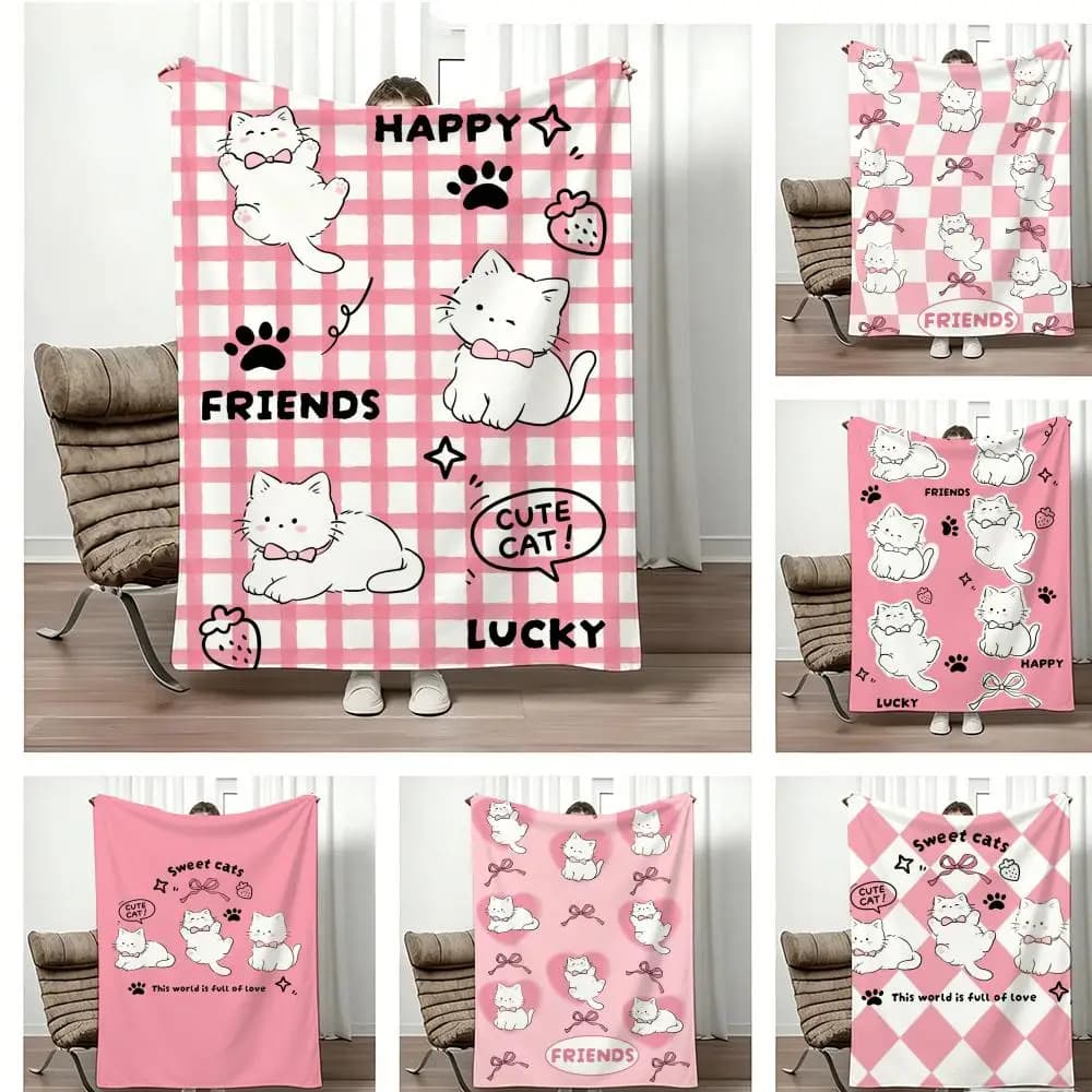 Anime Style Art P-Pink Bow White Cute Cat Throw Lightweight 240g Flannel Blanket Soft Skin-friendly for Summer Cooling