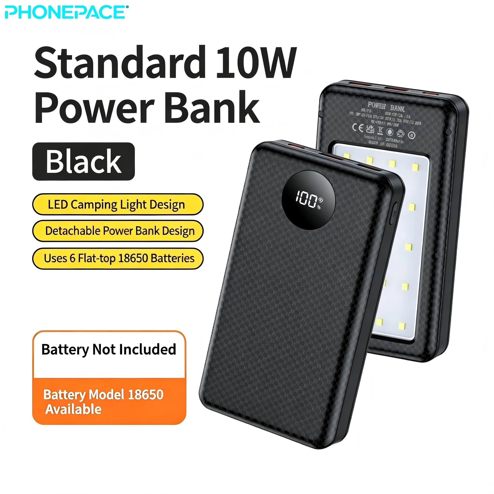 Power Bank 6 * 18650 Dual USB type C charging shell with camping lights for iPhone battery cases Huawei 18650