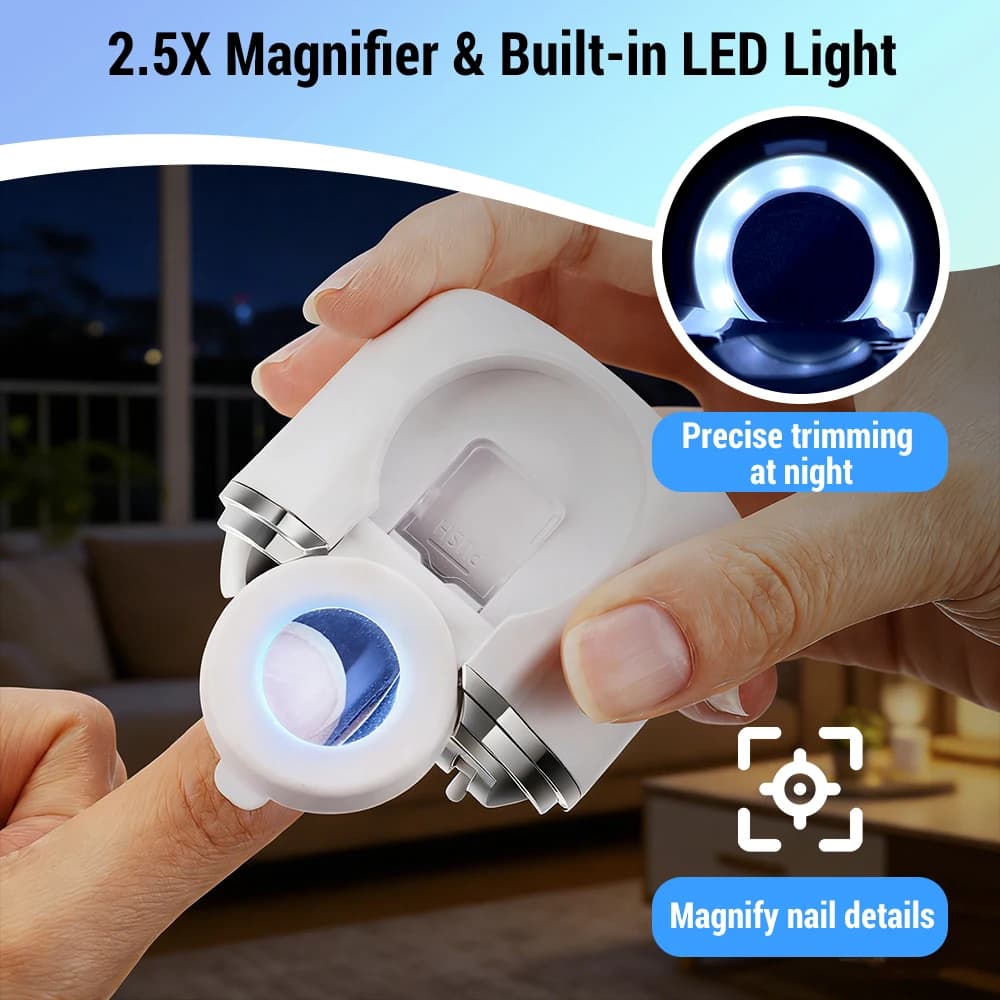 Tagliaunghie Elettrico 2 in 1 con Funzione Levigatura, Doppia Lama per Manicure e Pedicure, Lucidatura Unghie con Lente d'Ingrandimento, Strumento per Tagliare le Unghie