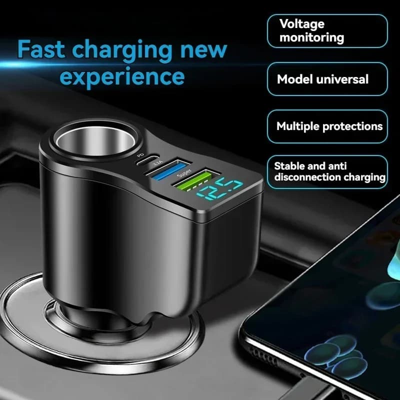 Car charger 4 in 1 66W Super fast charging socket Splitter USB Type-C Car charger Digital voltage display for iPhone Huawei