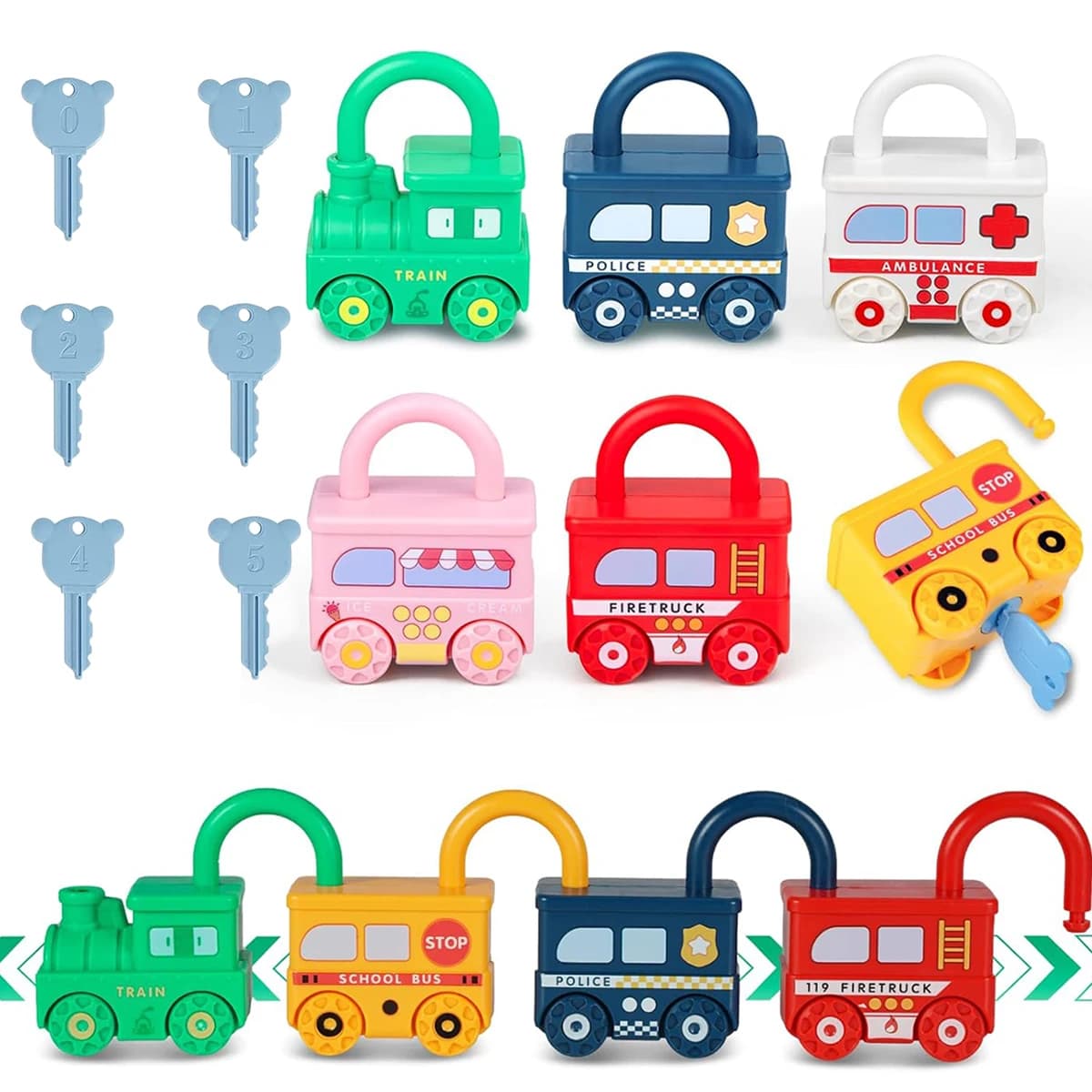 3 pezzi di blocco per l'apprendimento precoce sblocca il giocattolo del treno dell'auto con chiavi, giocattoli educativi per abilità motorie matematica Montessori per bambini, regalo di Natale di compleanno