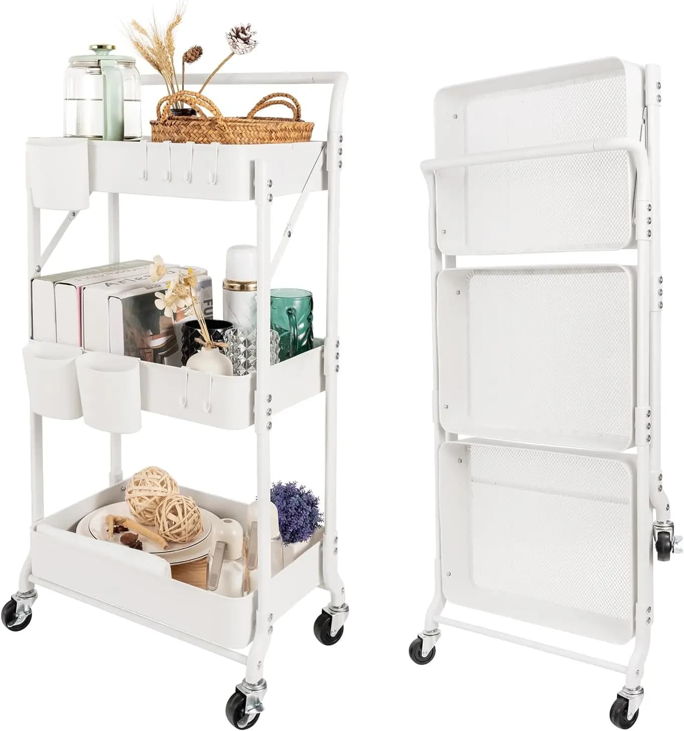 Carrello Pieghevole a 3 Ripiani con Ruote, Organizzatore per Cucina, Ufficio e Soggiorno