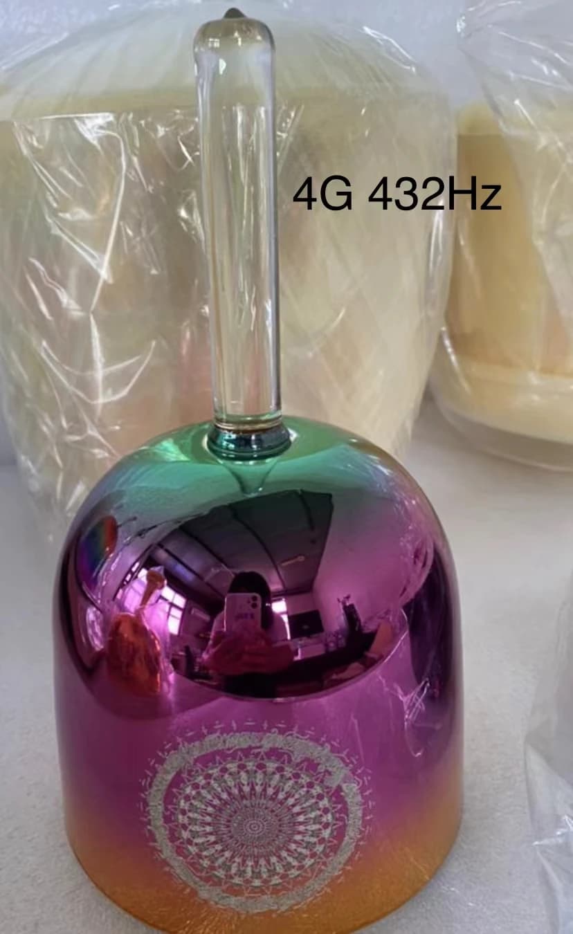 4th octave G or G# note crystal singing handle bowl shinny mixed color with Divine Empowerment engraving for sound healing 432HZ