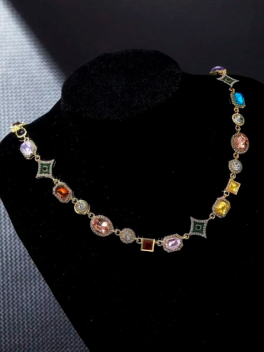 Collana a catena con zirconi colorati in stile hip hop per donna