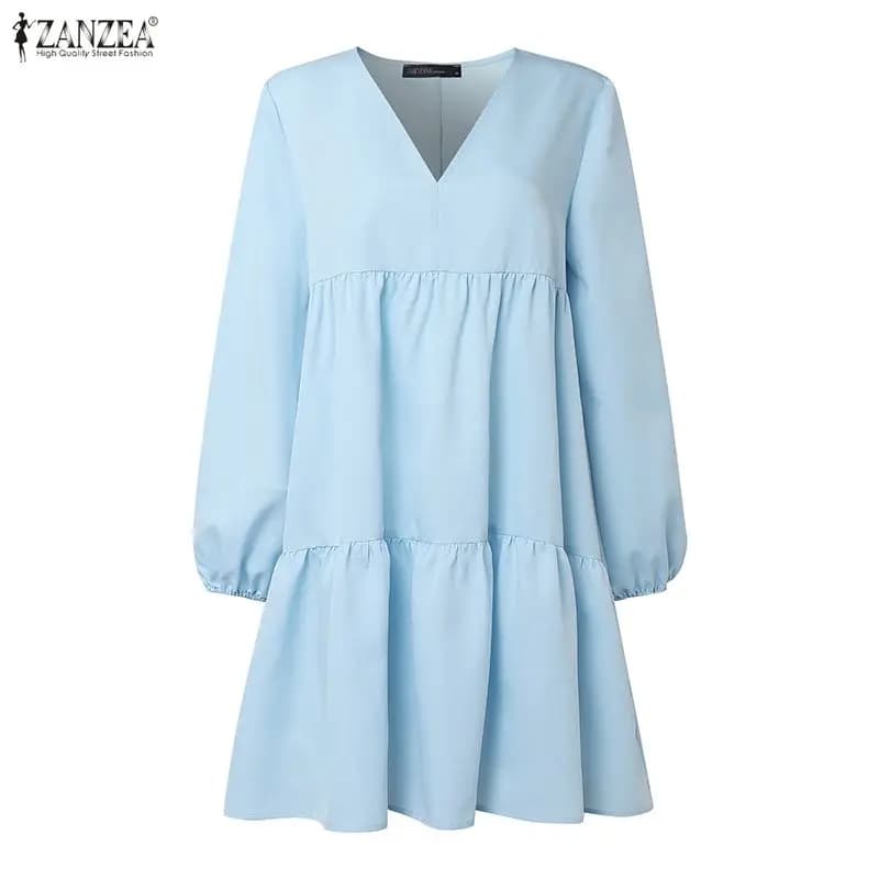 Abito casual da donna in tinta unita per la primavera/estate ZANZEA, alla moda, con scollo a V, a pieghe, a trapezio, a maniche lunghe, vestito estivo ampio