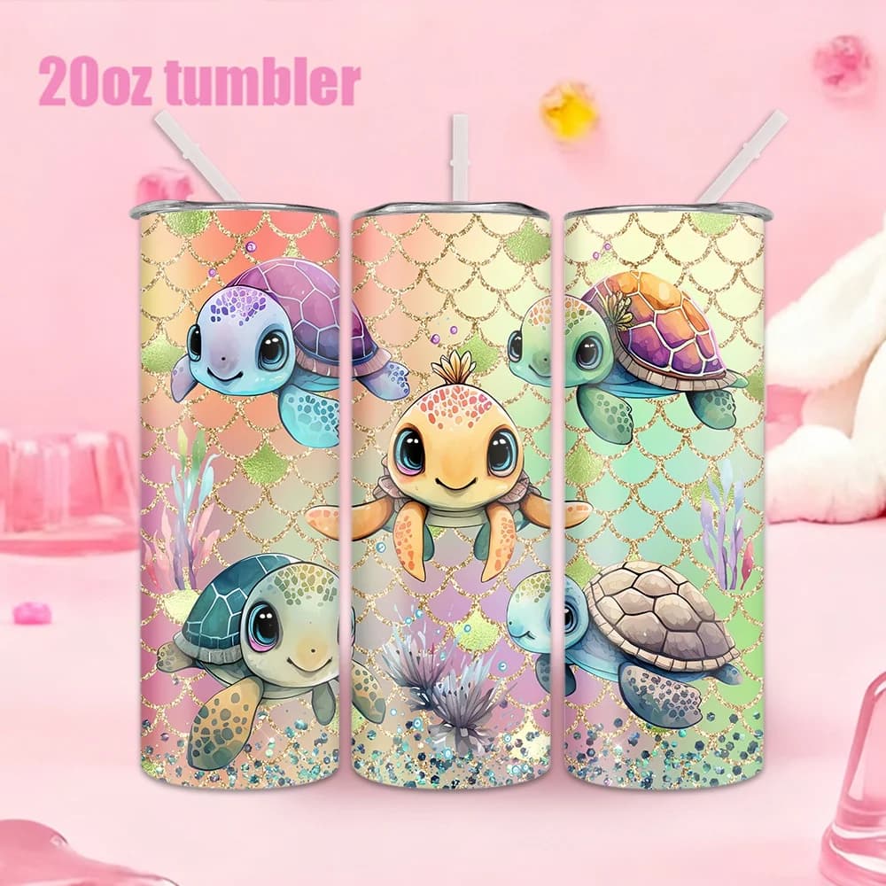 1 bottle of water with 20 ounces straw, stainless steel insulated water cup with five colored marine turtles on a underwater background.