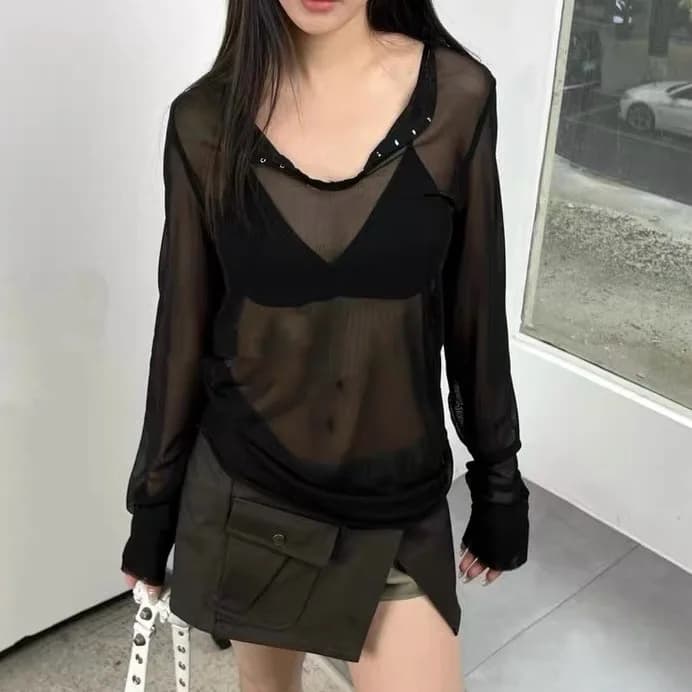 Maglia a maniche lunghe con scollo a V e chiusura a gancio, trasparente, stile Henry, maglietta base, copricostume, abbigliamento protettivo solare in nylon, moda donna