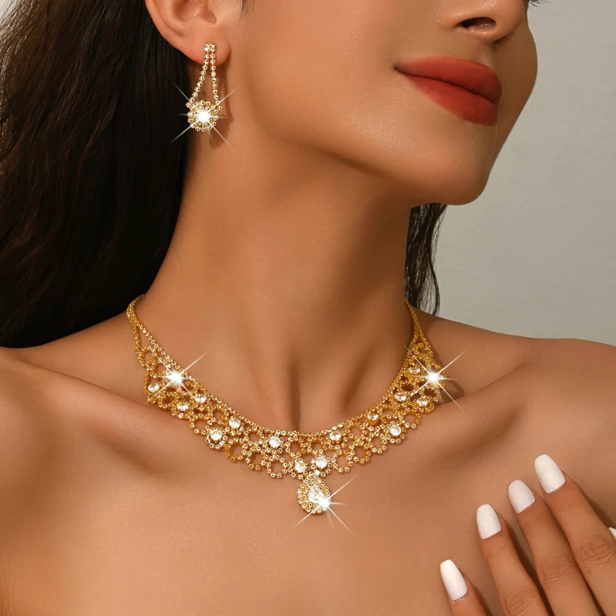 Luxury Gold Crystal Bridal Jewelry Set, Sparkling Rhinestone Choker Necklace & Drop Earrings for Wedding Prom Party
