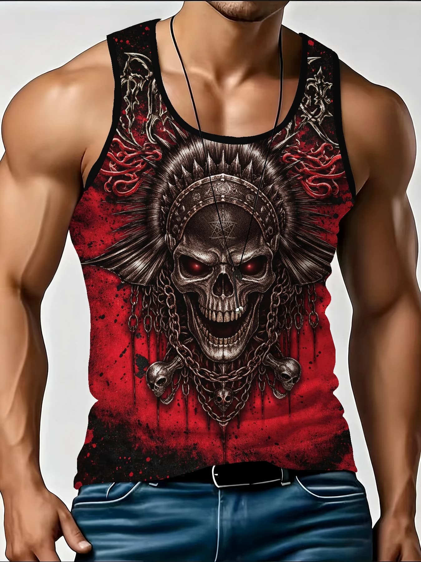 Men's Bright Gothic Tank, Red Eye Skull Chain Pentagram Graphic Sleeveless Vest For Punk Rock Streetwear Top