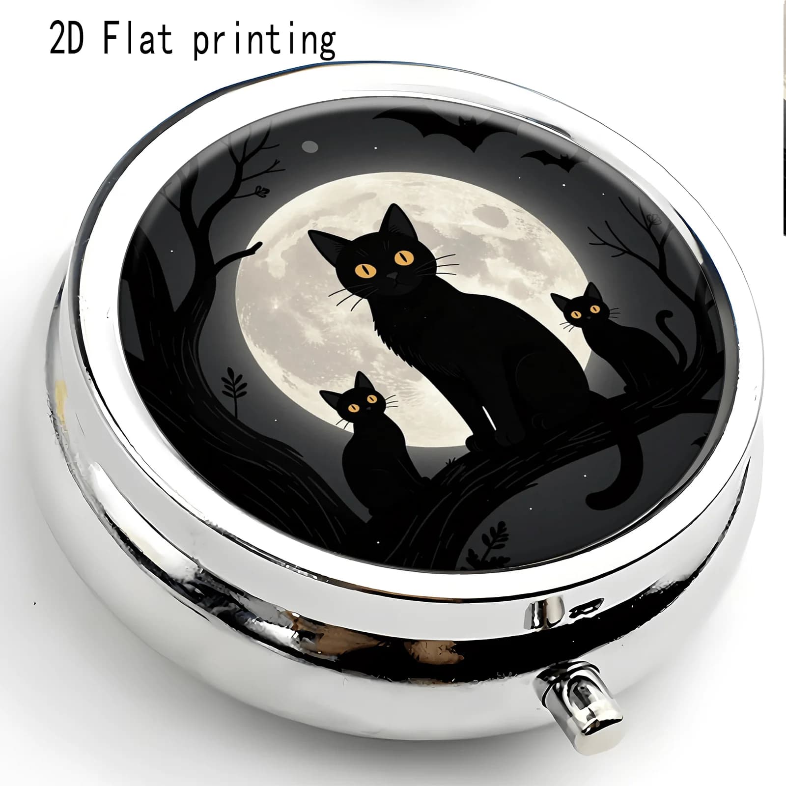 Black Cat, Dead Tree, Bat, Moon Night Pattern, Round Three-Compartment Small Pill Box, Portable Medicine Storage, Small Jewelry Storage, Suitable for Handbags or Travel, Holiday Gifts, Souvenirs, Prizes, Small Gifts, Suitable for Personal Use or as an Exquisite Gift Option