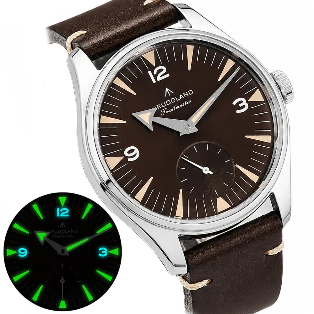 HRUODLAND Vintage Field Watch for Men Broad Arrow Hands Leather Strap Domed Crystal BGW9 & C3 Lume Japanese VD78 Movement