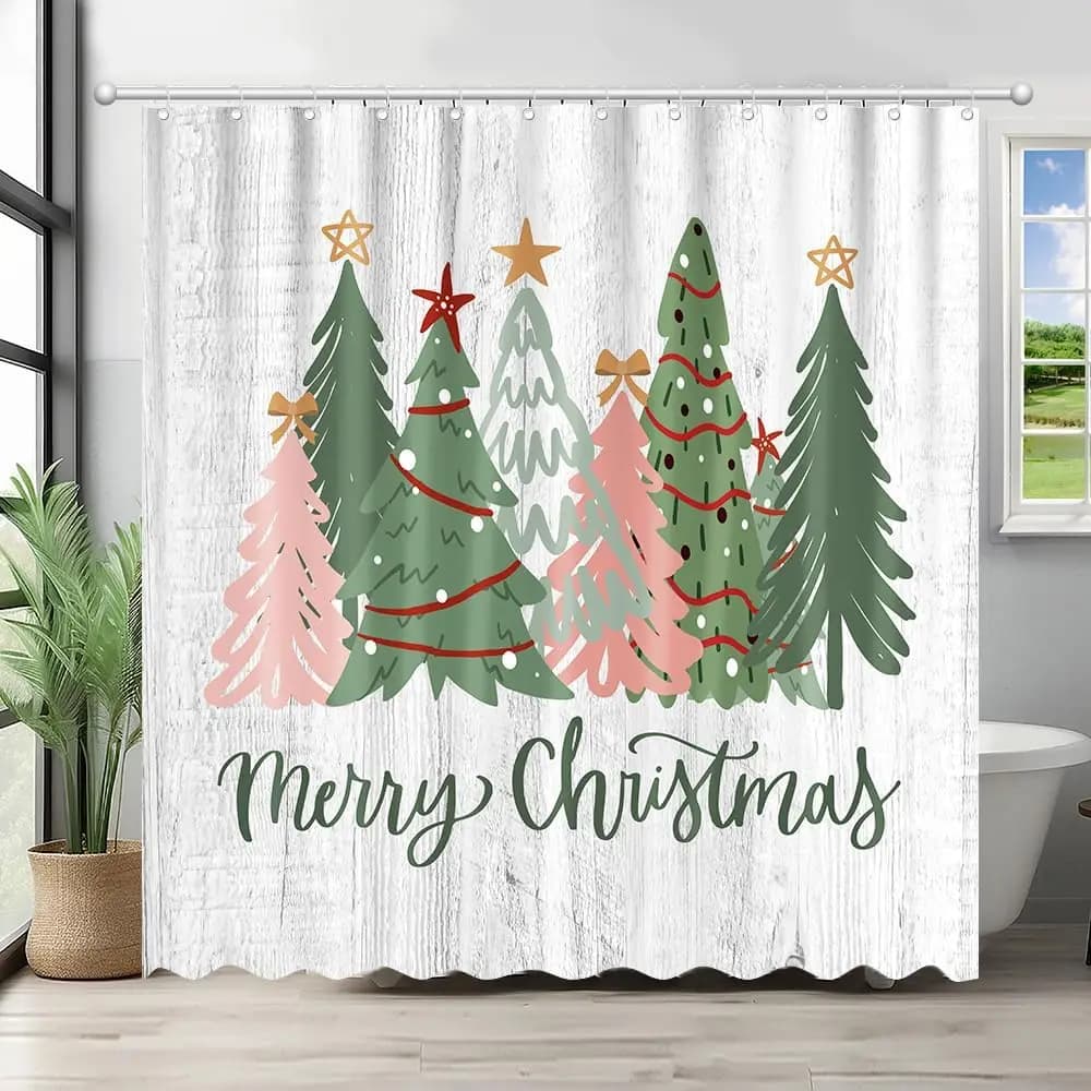Tenda da doccia di buon Natale Alberi di Natale Decorazioni per il bagno di casa Set di tende da bagno con alberi di pino di Babbo Natale con 12 ganci
