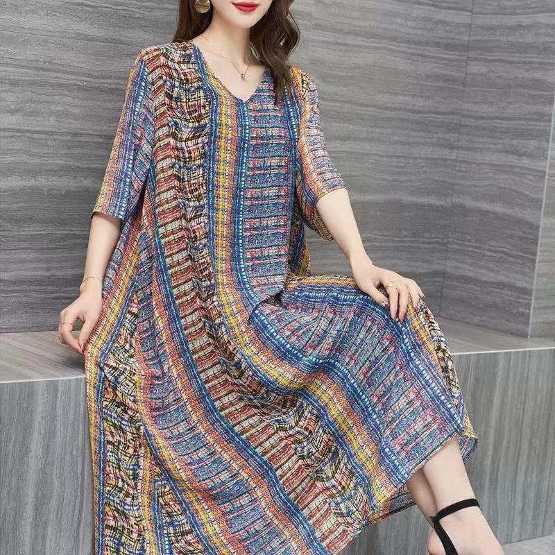 Middle-aged V-neck Belly-covering Age-reducing Imitation Ice Silk Summer Dress Plus Size Skirt