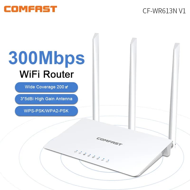 Ripetitore di segnale WiFi COMFAST con 4 porte RJ45, 802.11b/g/n 2.4G 300Mbps, 3 antenne, copertura WiFi domestica, router ripetitore.