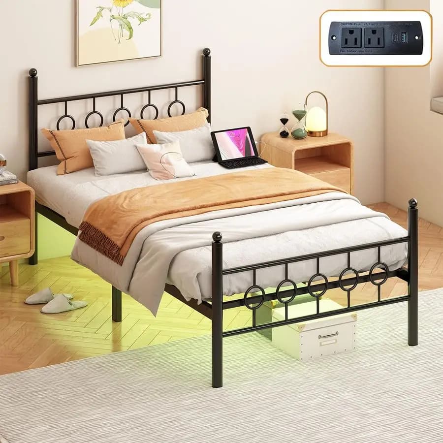 Bed structures with headboard, Bed structure with LED and charging station, Metal platform, Container compartment under bed, No spring net required, Silent