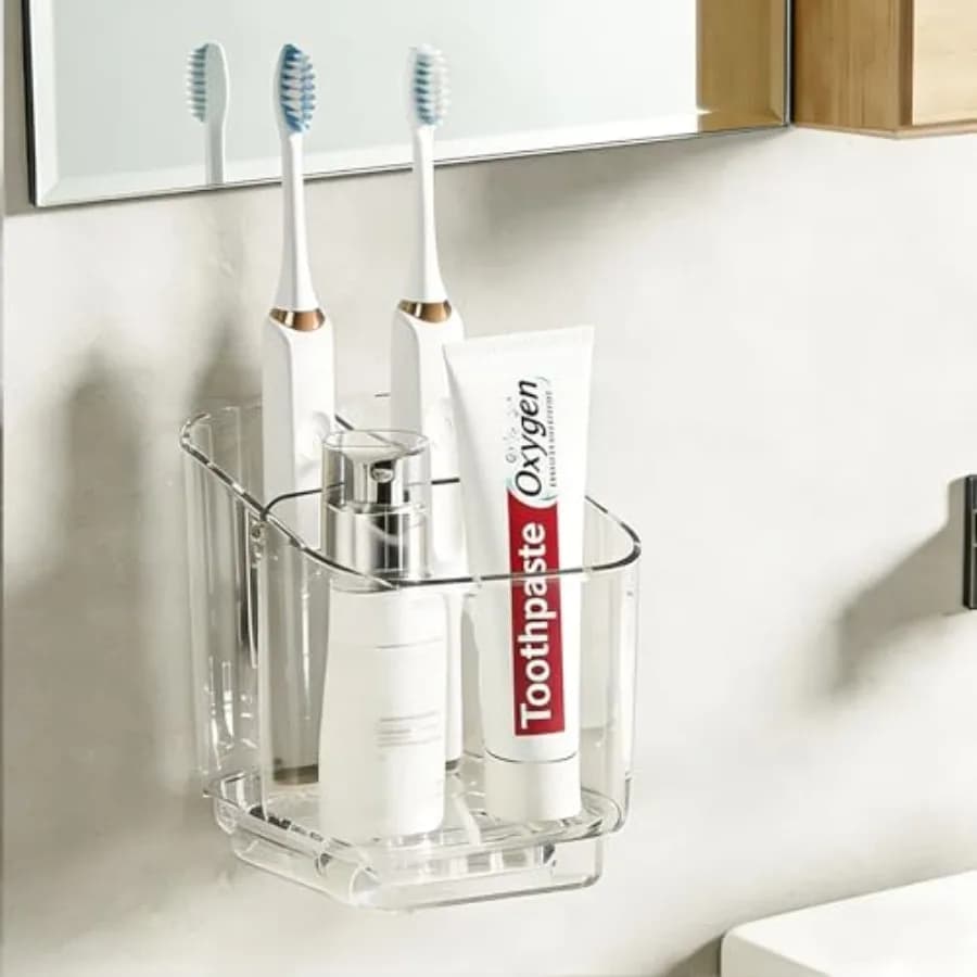 Toothbrush Holder Wall Mounted, 3 Slot Detachable Organizer with Divider and Toothpaste Holder for Electric and Manual Toothbru