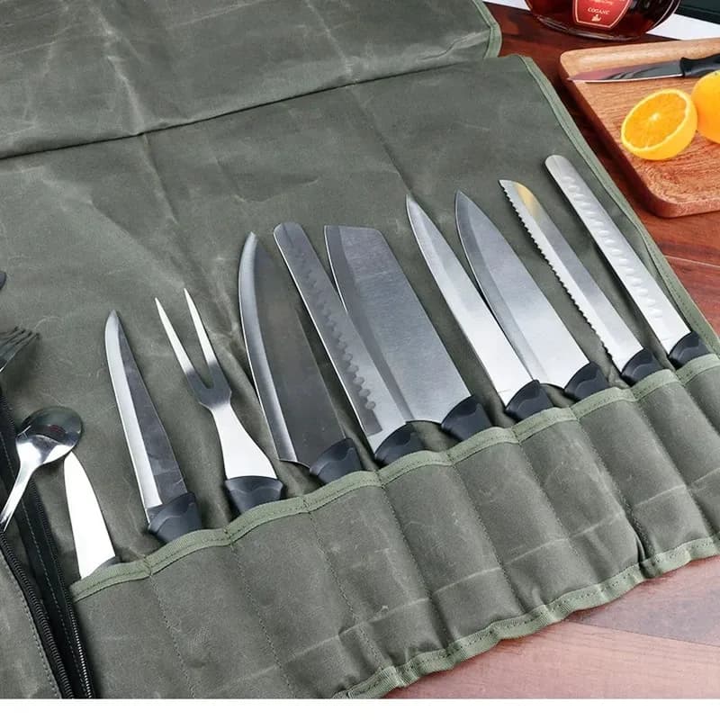 Portable Chef's Knife Bag - Durable Canvas Professional Kitchen Sharp Blade Japanese Storage Pocket Rollable Outdoor Storage Bag