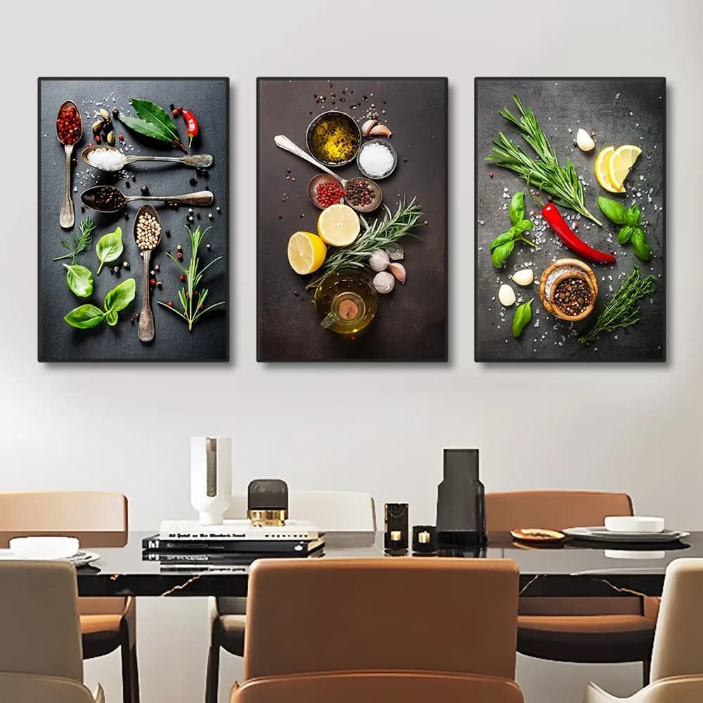 Set di 3 Quadri Senza Cornice, Tema Cucina, Erbe e Spezie, Poster su Tela, Arte Impressionista, Decorazione per Sala da Pranzo