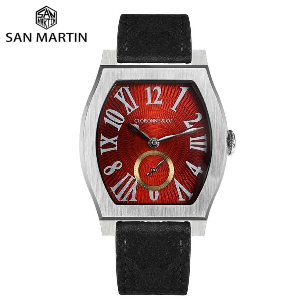 San Martin 36mm ETA 7001 Smalto a forma di barilotto Mano Guilloche Quadrante Orologio meccanico da uomo Carica manuale 10Bar Lusso SN0100