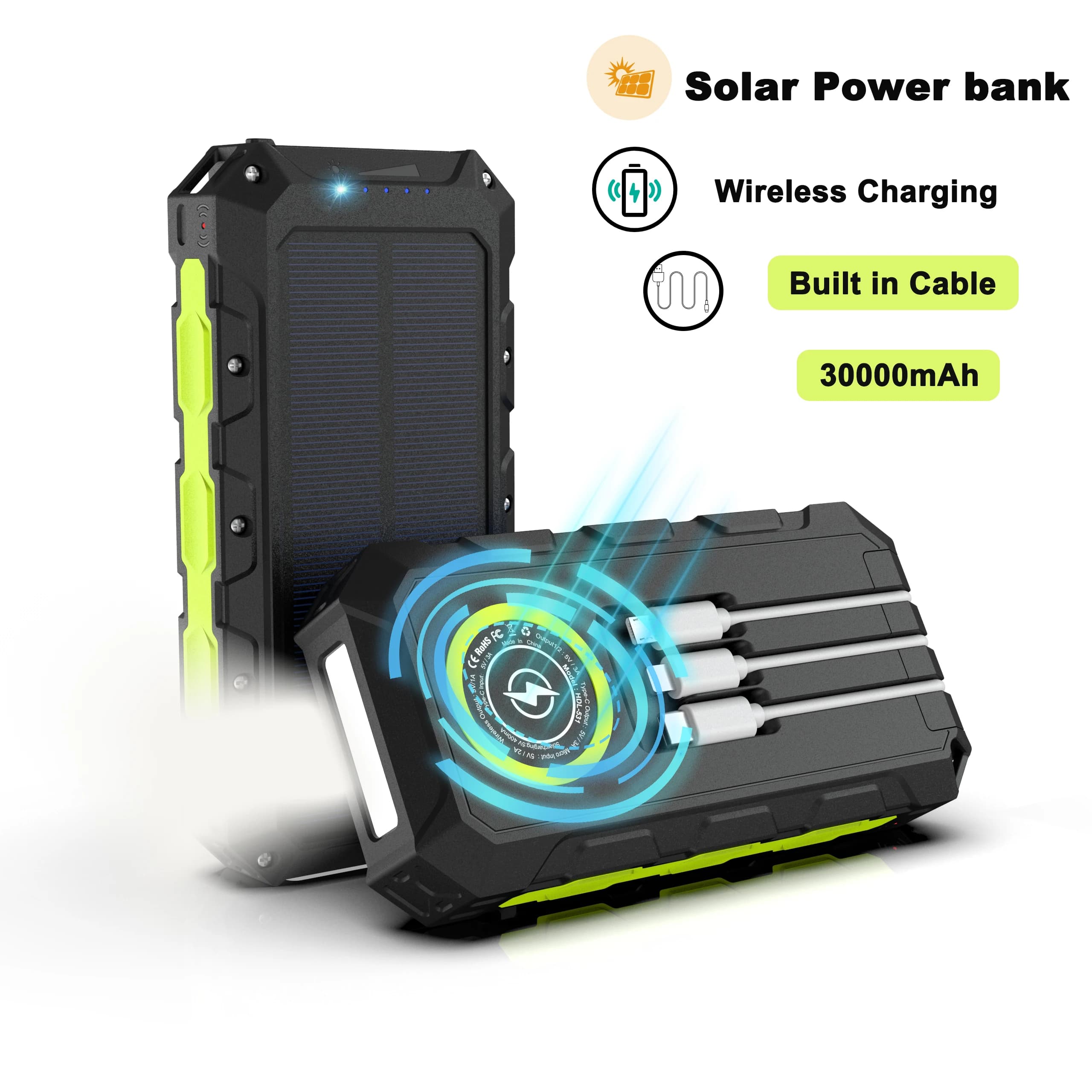 Caricabatterie wireless Powerbank solare impermeabile Power Bank da 30000 mAh per iPhone 15 14 Samsung Xiaomi Batteria esterna a ricarica rapida