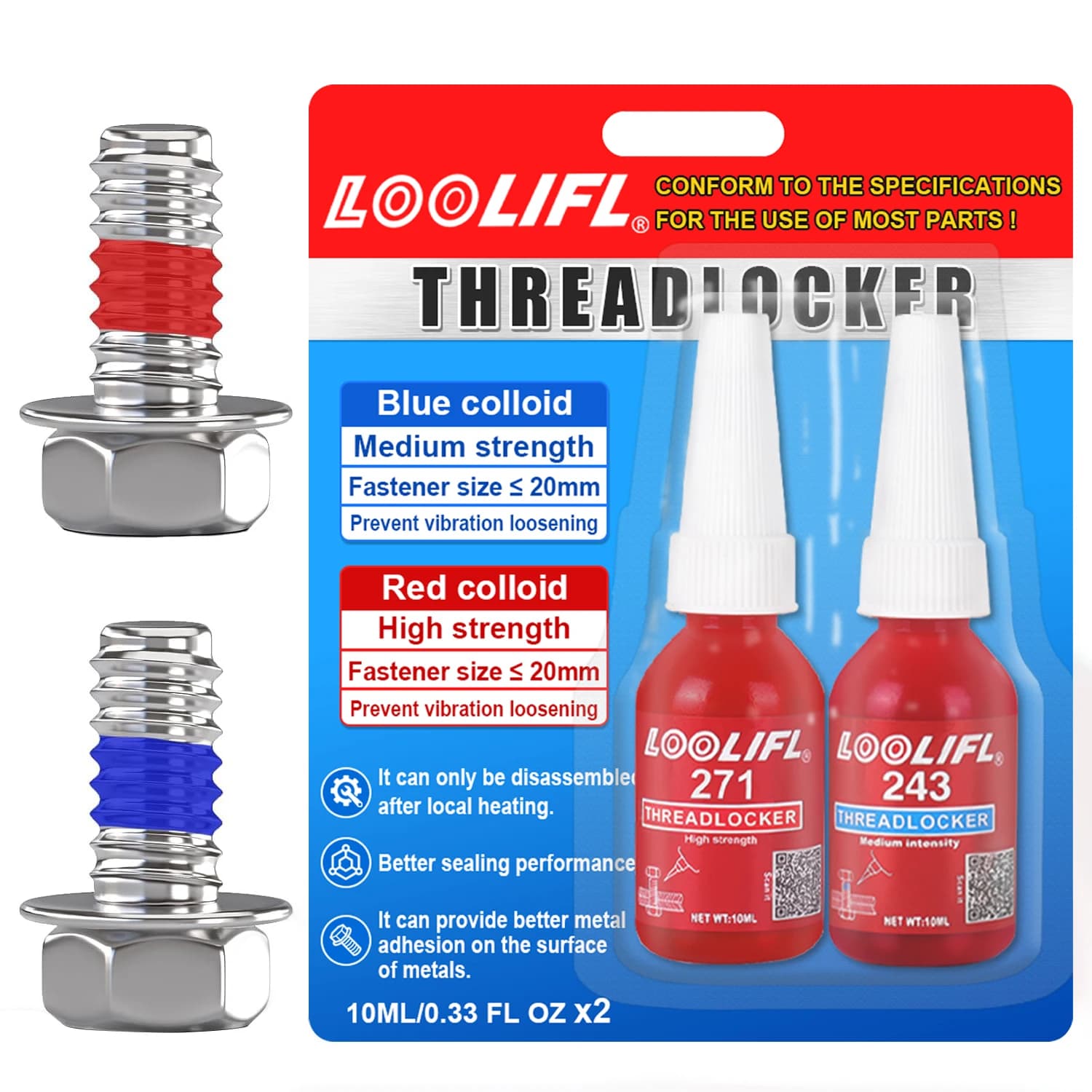 LOOLIFL Packing glue for anaerobic screws for motor vehicles of 10 ml - 243 medium + 271 high strength, anti-rust, corrosion resistant for cars
