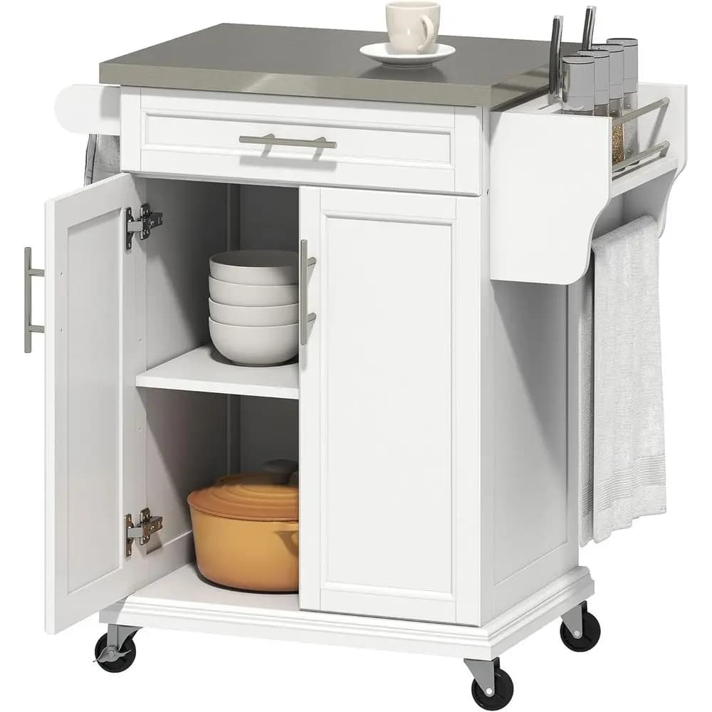 Isola da Cucina Bianca con Ruote, Piano in Acciaio Inox, Portasciugamani e Portaspezie per Stoccaggio Utensili