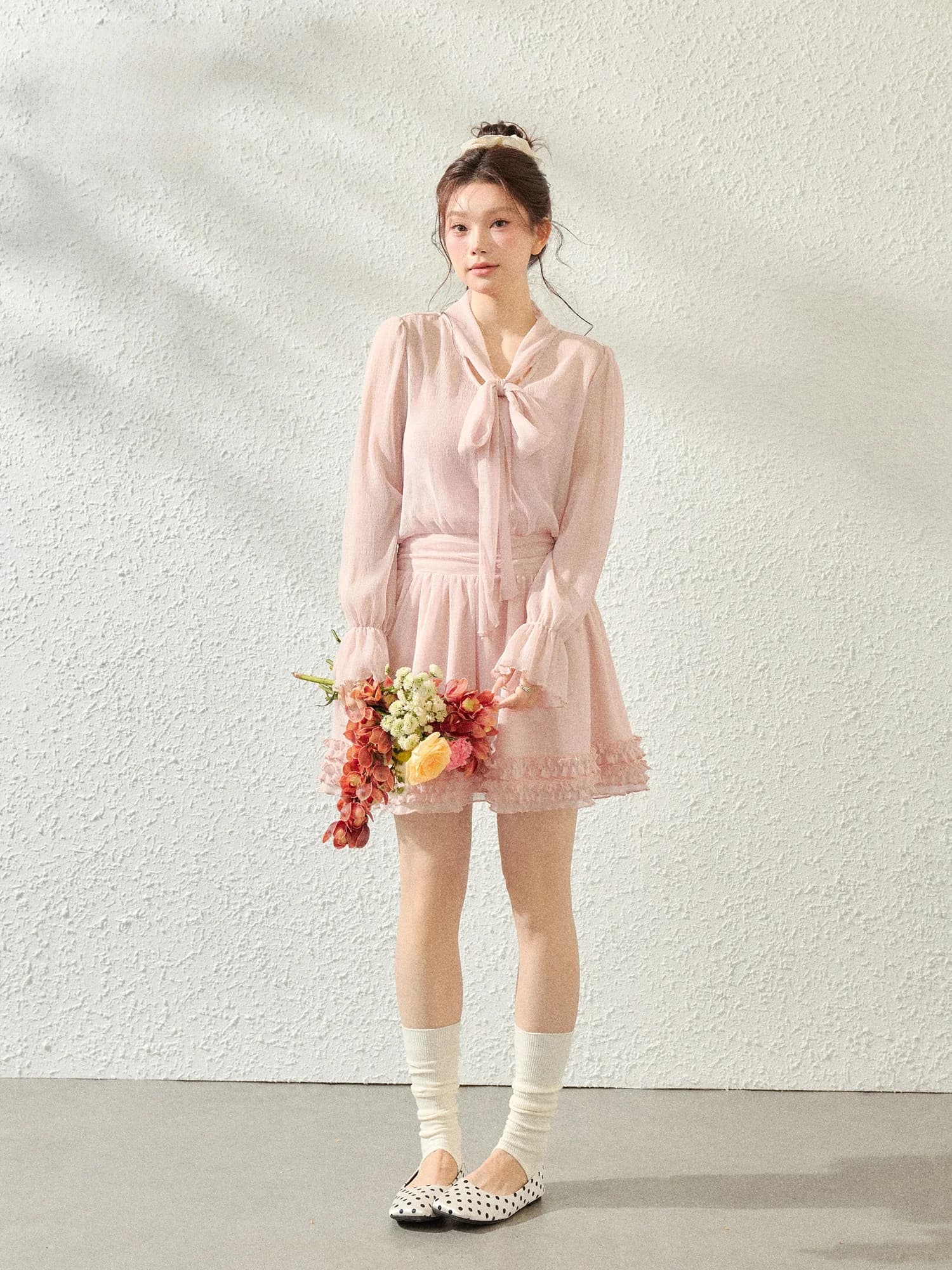 Abito a balze rosa con motivo a fiocco di neve, stile coreano, morbido e leggero, per donne curvy, effetto snellente e che nasconde le imperfezioni