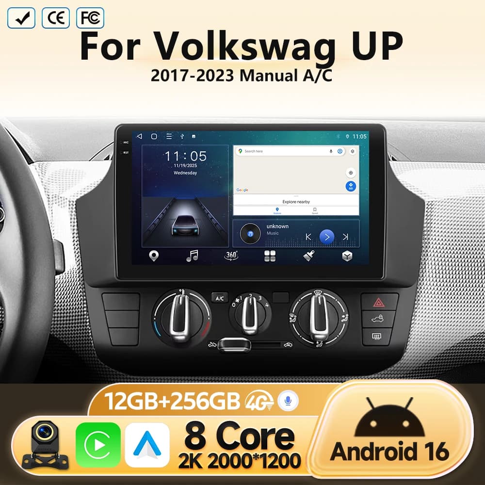 Head Unit For Volkswag UP 2017 2018 2019-2023 Manual A/C Car Radio GPS Navigation Multimedia Video Player Stereo Android Auto BT