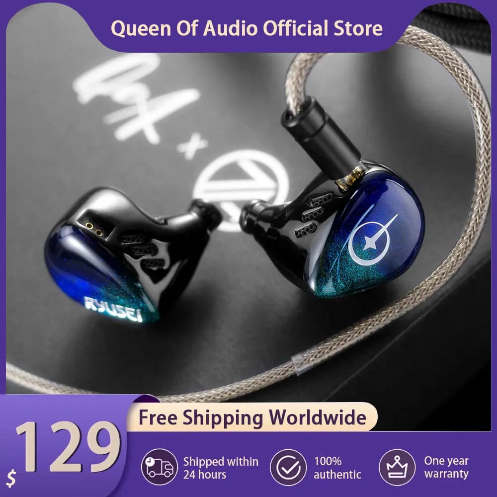 New QoA x 7th Acoustics Ryusei Headphone Single Nano Gold Plated Dynamic Driver In Ear Earphones With HiFi Earbuds Cable Plug