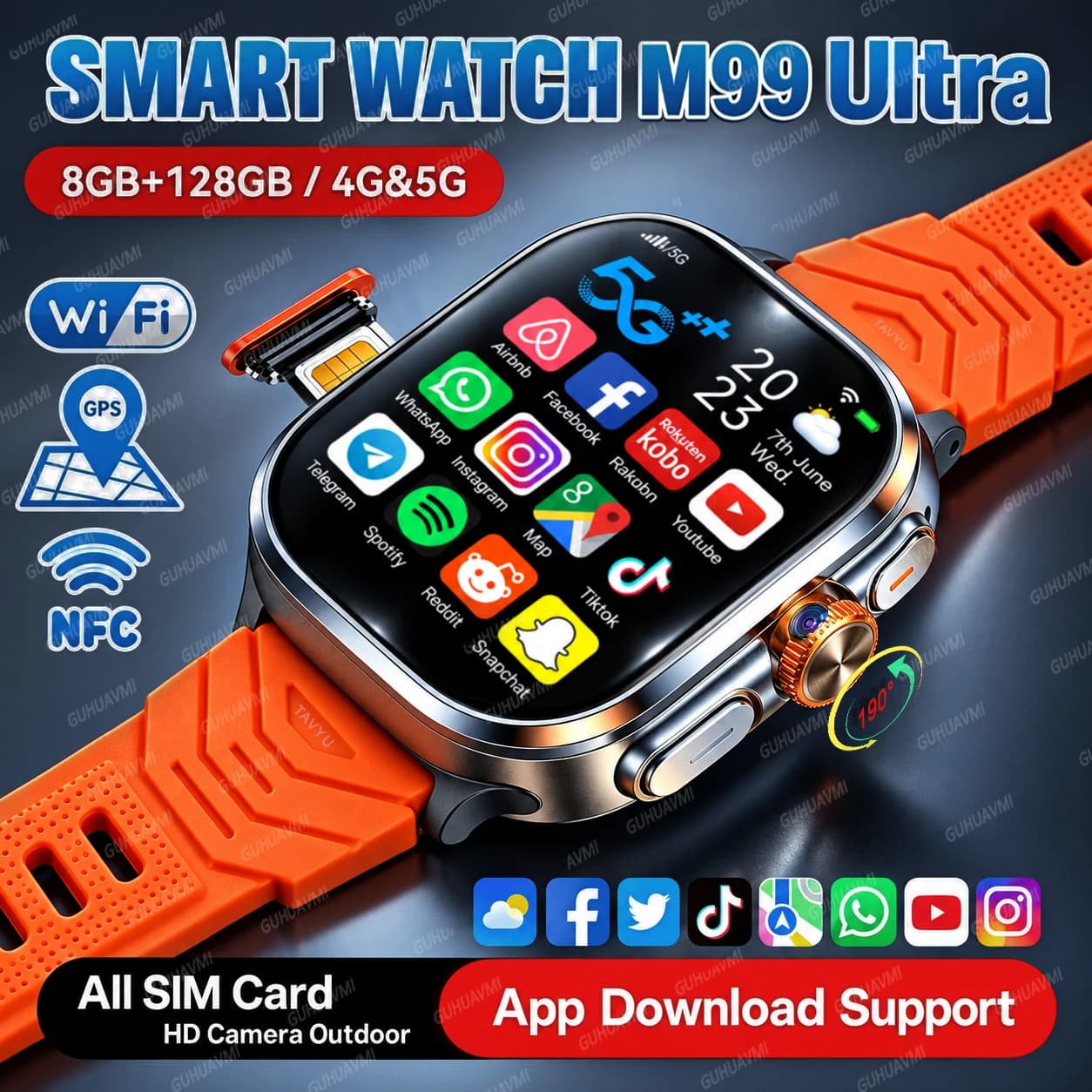 5G/4G Global Network Smart Watch 2.4“ AMOLED 2100mAh Battery 8GB+128GB Memory Android APP Download Health Monitoring NFC watch