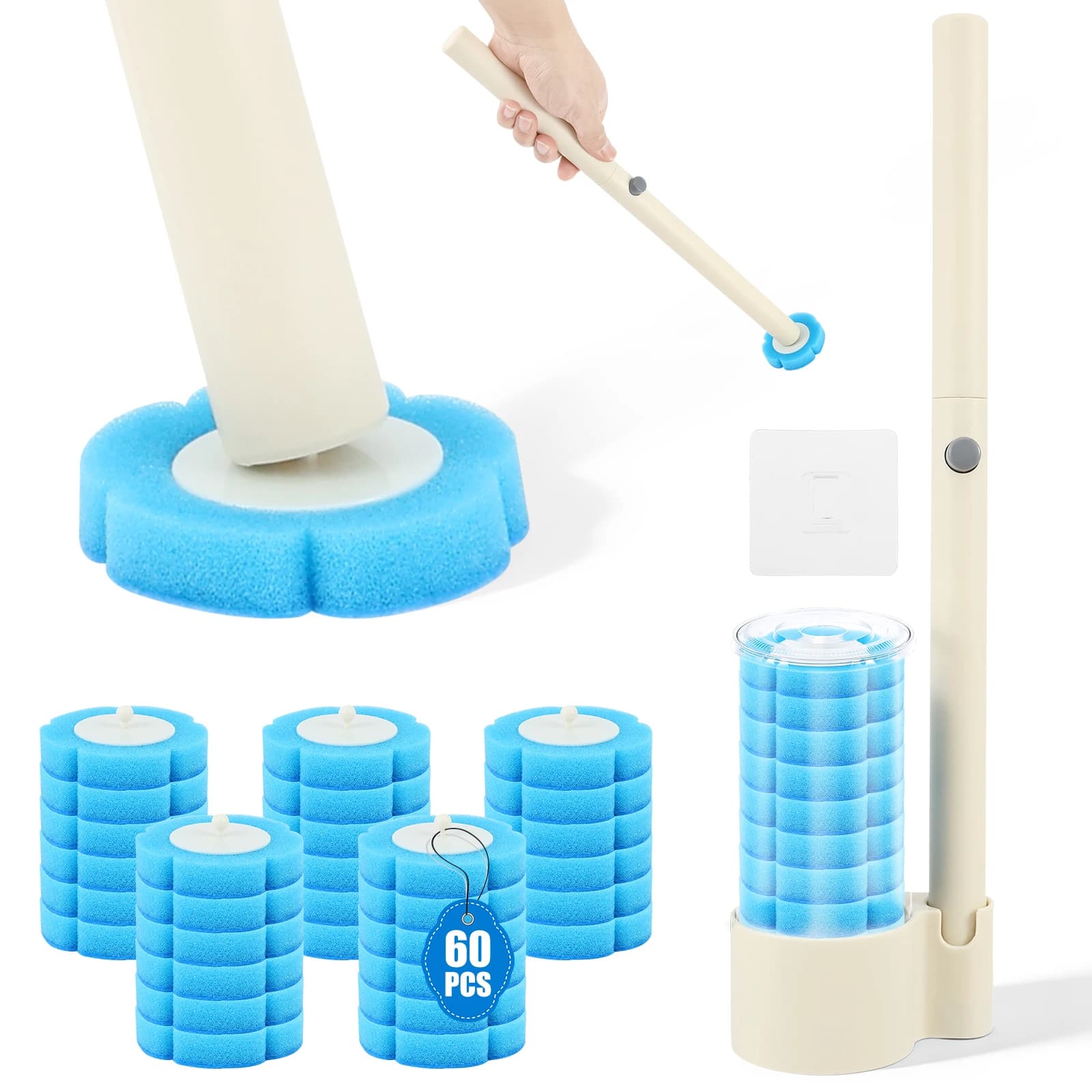 Spazzola per WC da 60 pezzi con kit di testine di ricambio usa e getta, spazzola per la pulizia del bagno con manico lungo montata a parete per accessori WC