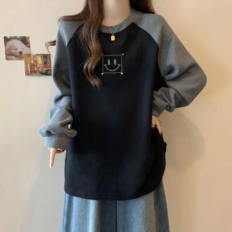 Large size women's clothing spring and autumn new velvet thickened contrasting colors inside and outside long-sleeved T-shirt