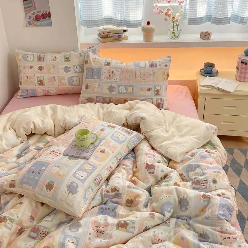 Set biancheria da letto in cotone 100% Cartoon Simpatici animali Set copripiumino Biancheria da letto Set lenzuola piatte 2 federe Singolo Doppio Queen Size