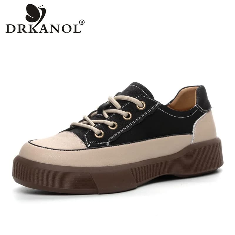 DRKANOL Fashion Women Flat Shoes Spring Autumn Mixed Colors Genuine Cow Leather Lace-Up Casual Shoes Footwear Big Size 35-43