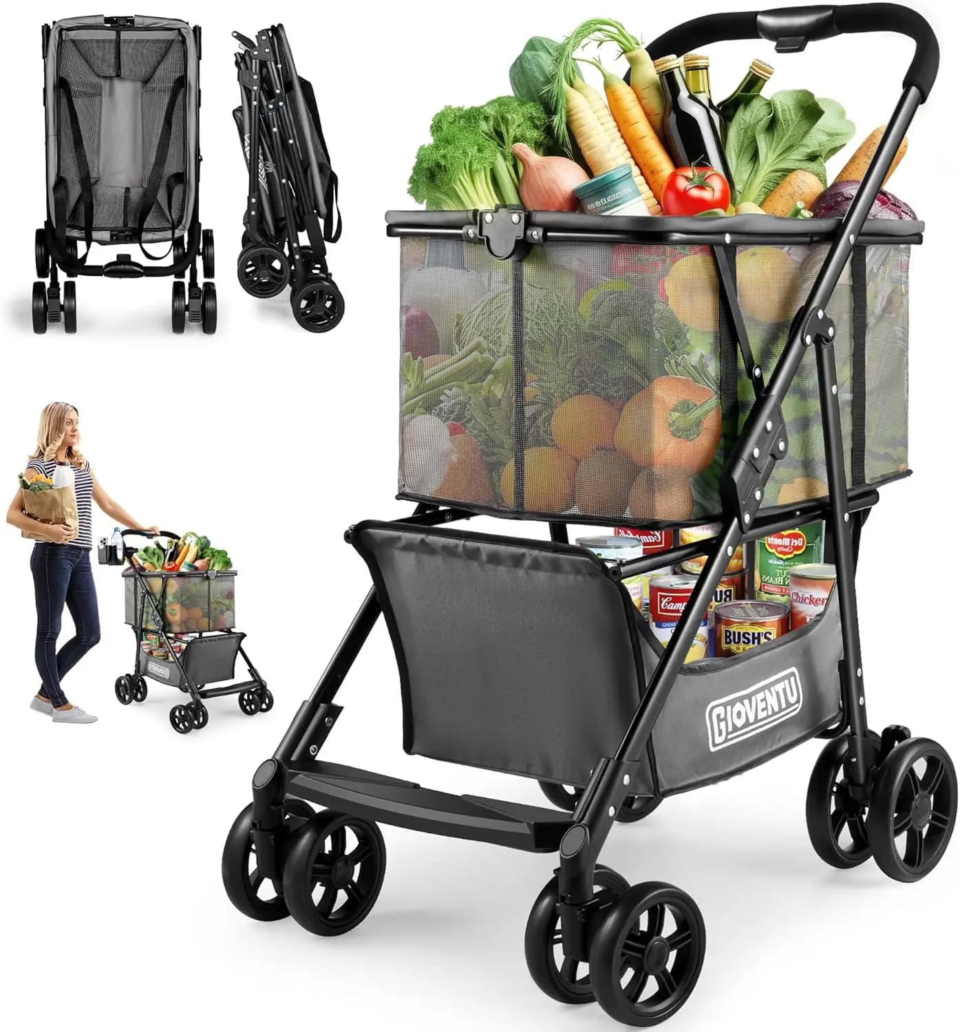 Carrello della spesa pieghevole potenziato, carrello pieghevole da 36 kg con cestino rimovibile e rotazione a 360° ° Ruote Girevoli, Passeggino Portatile